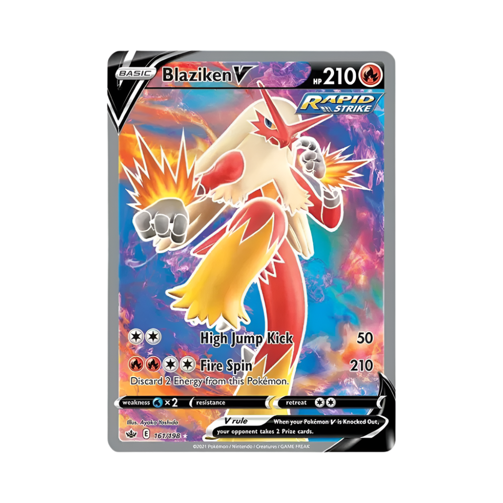 Pokémon trading card featuring Blaziken V with vibrant design and character illustration.