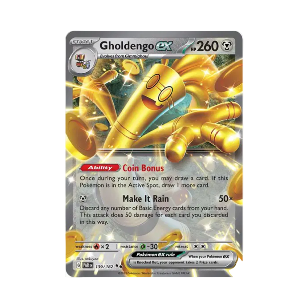 Pokémon trading card featuring Gholdengo ex with gold and yellow design on a white background