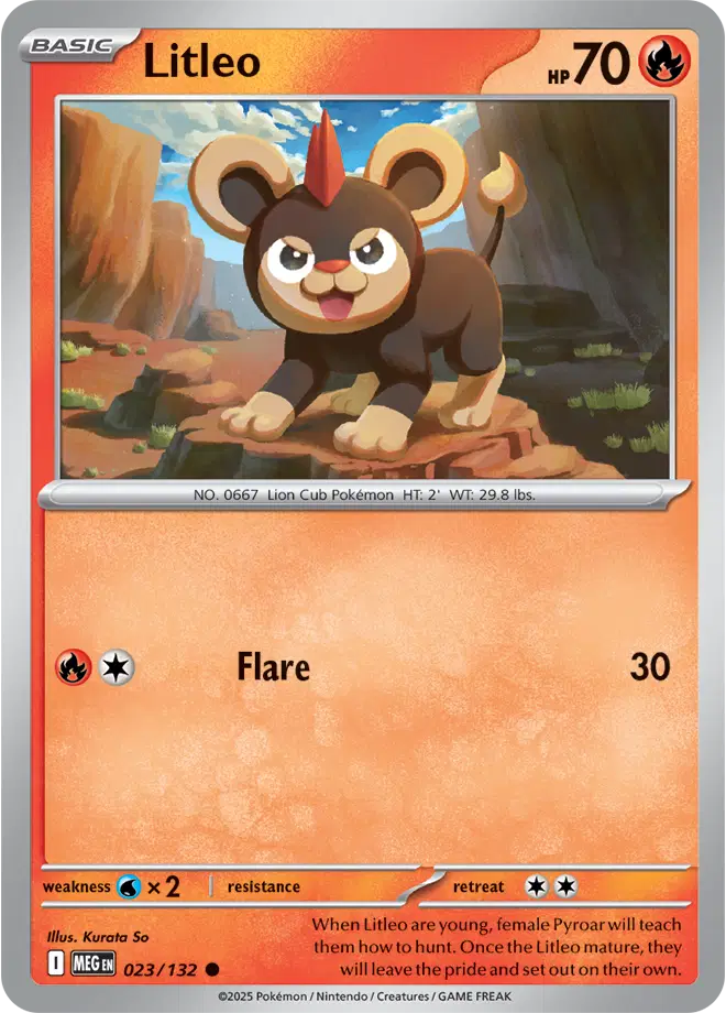 Pokémon trading card featuring Litleo with a rocky landscape background
