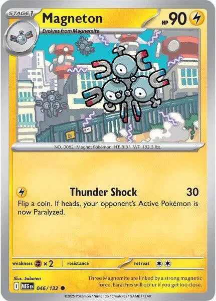 Pokémon trading card featuring Magneton with a cityscape background