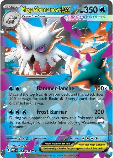 Pokémon trading card featuring Mega Abomasnow with colorful design and text.