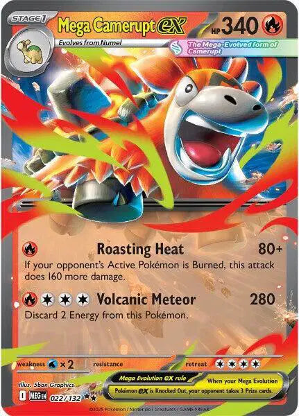 Pokémon trading card featuring Mega Camerupt EX with colorful design and text.