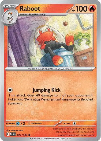 Pokémon trading card featuring Raboot with orange border and character illustration.