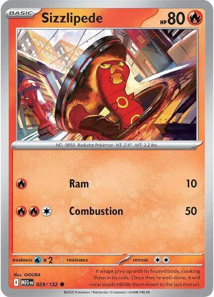 Pokémon trading card featuring Sizzlipede with fiery design and text details.