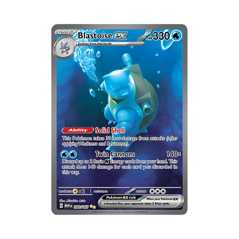 Pokémon trading card featuring Blastoise ex on a blue background