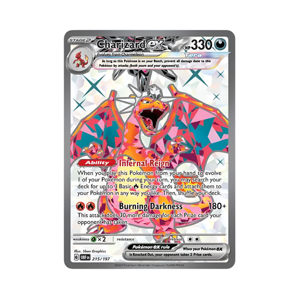 Pokémon trading card featuring Charizard EX with colorful design on a white background