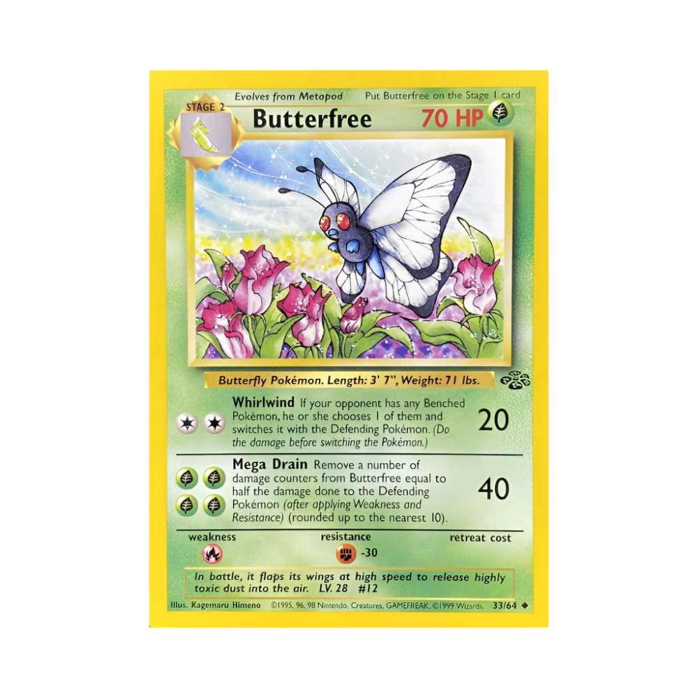 Butterfree Pokémon trading card with butterfly illustration on a colorful background