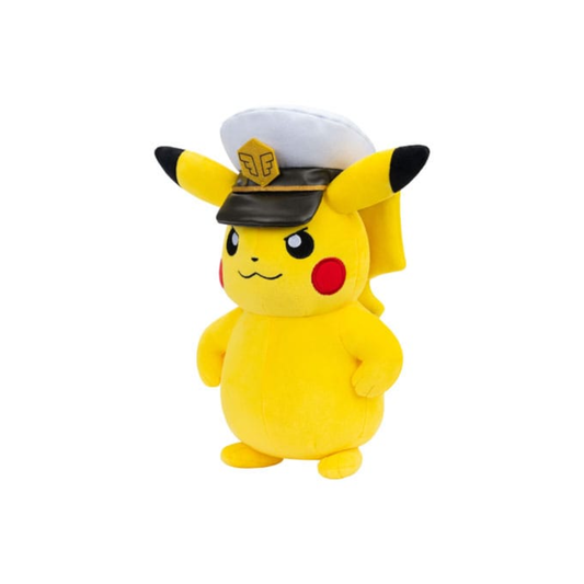 Plush toy of Pikachu wearing a captain's hat on a white background