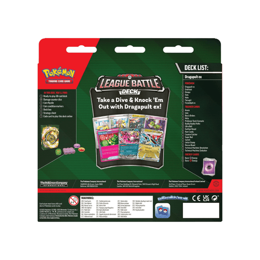 Pokémon TCG: Dragapult ex League Battle Deck packaging featuring card details and accessories