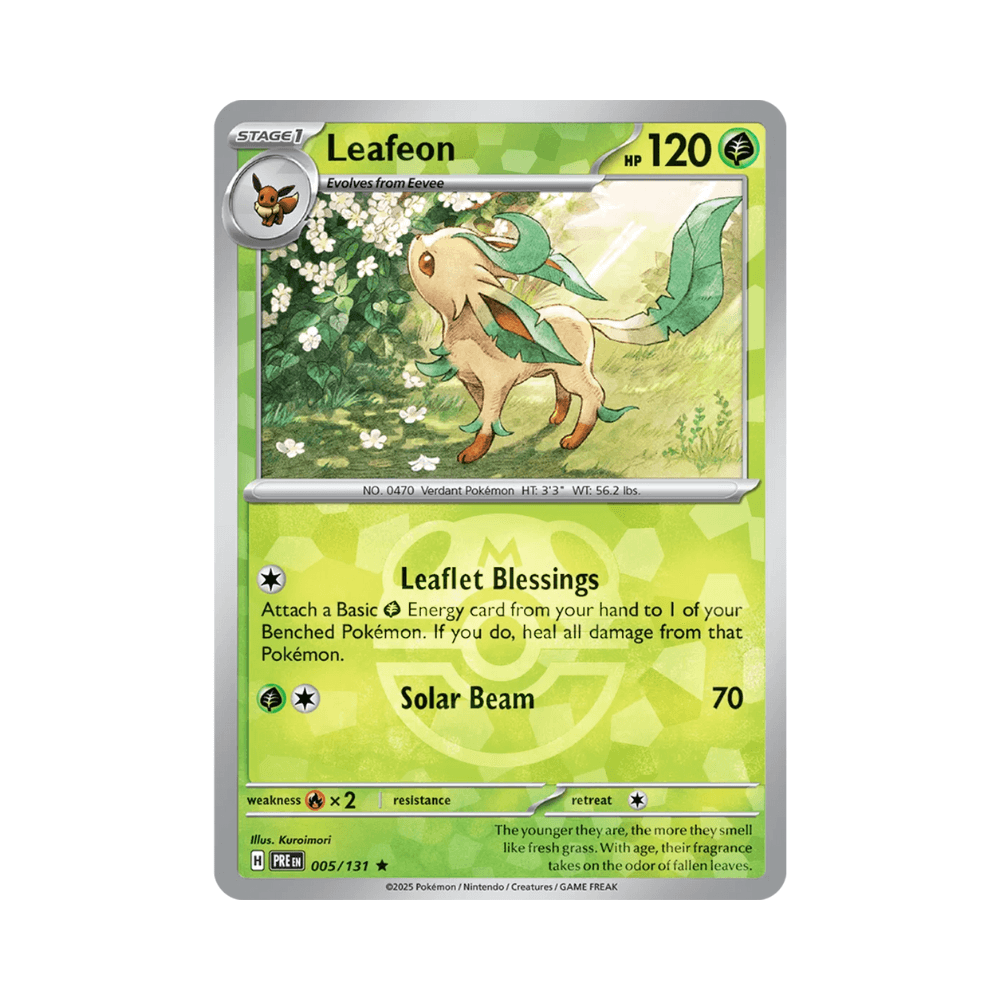 Rare Leafeon card 005/131 from Prismatic Evolutions featuring Grass-type Pokémon in a beautiful garden setting.