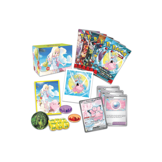Pokémon TCG Lillie Premium Tournament Collection featuring Clefairy ex, promo cards, sleeves, dice, and deck box.
