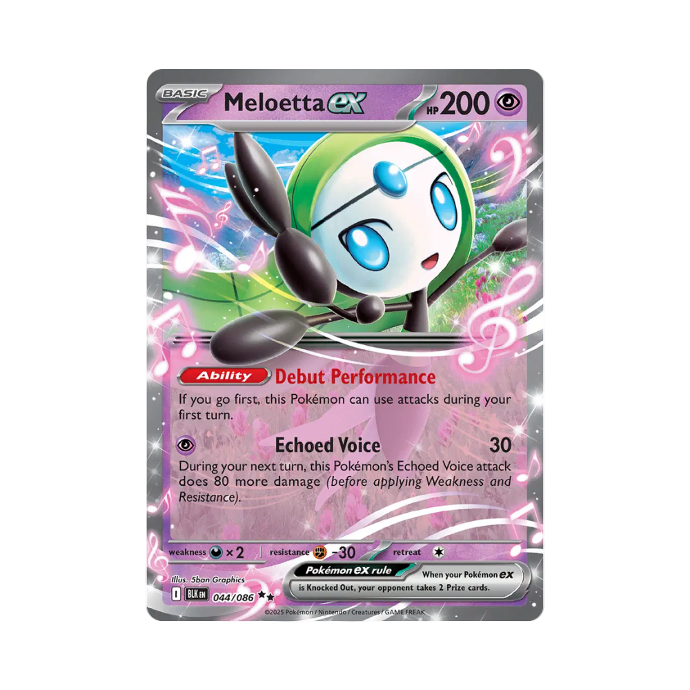 Pokémon trading card featuring Meloetta ex with musical notes on a white background
