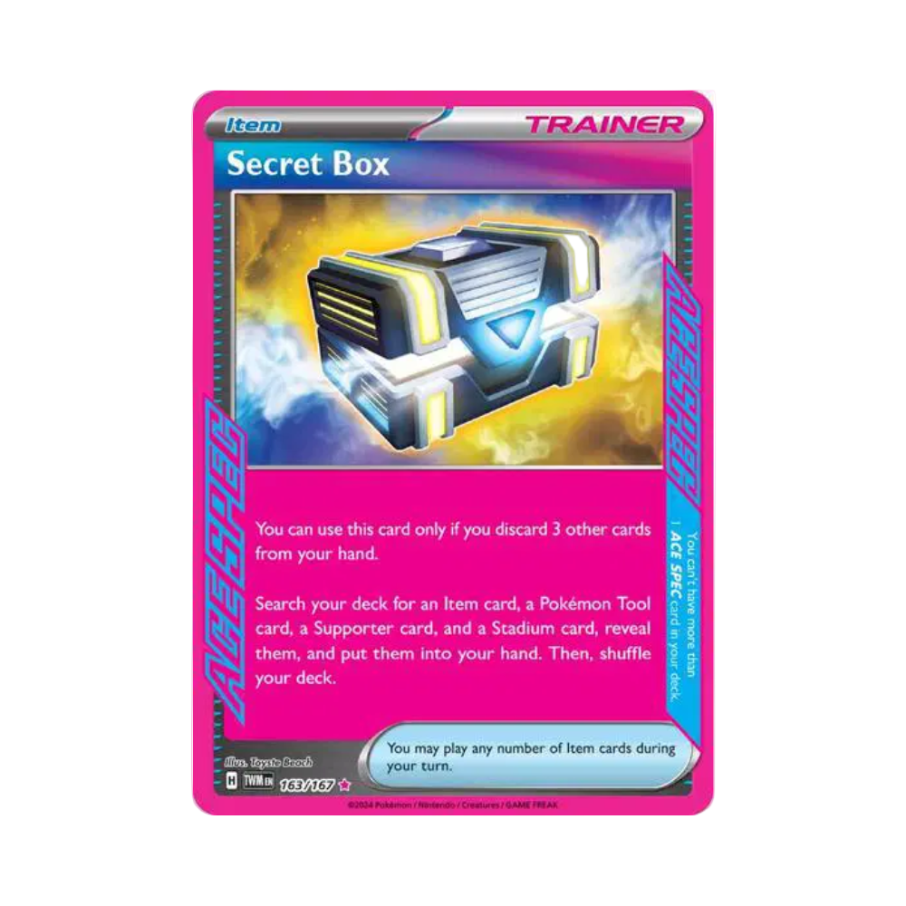 Trading card featuring a 'Secret Box' item with a pink border and blue text on a white background.
