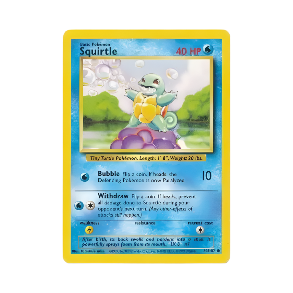 Squirtle Pokémon trading card with yellow border and green grass background