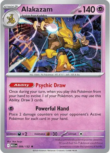 Pokémon trading card featuring Alakazam with detailed artwork and text.