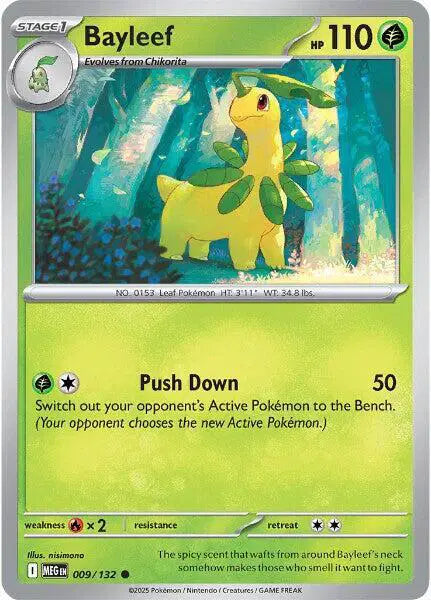 Pokémon trading card featuring Bayleef with a green background