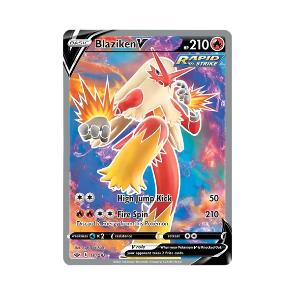 Pokémon trading card featuring Blaziken V with vibrant design and character illustration.