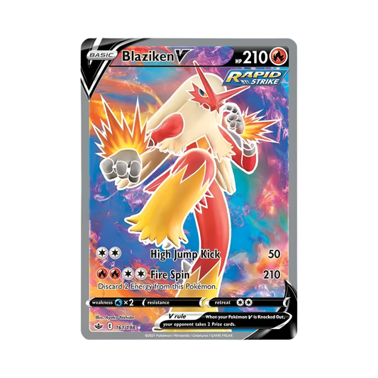 Pokémon trading card featuring Blaziken V with vibrant design and character illustration.