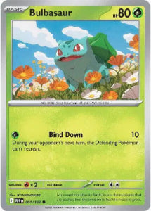 Pokémon trading card featuring Bulbasaur in a field of flowers