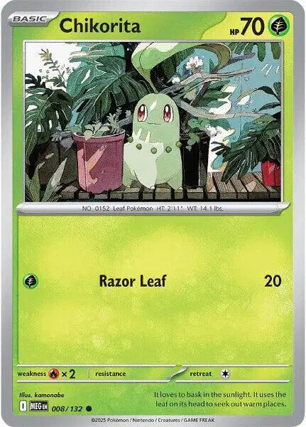Pokémon trading card featuring Chikorita with a green and yellow design.