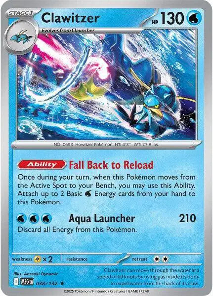 Pokémon trading card featuring Clawitzer with blue and silver design