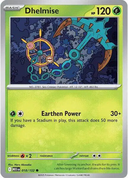 Pokémon trading card featuring Dhelmise with green border and blue background
