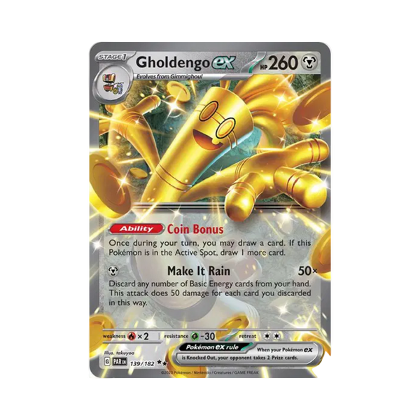 Pokémon trading card featuring Gholdengo ex with gold and yellow design on a white background