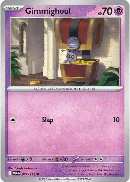 Gimmighoul card from a trading card game with purple border and character illustration.