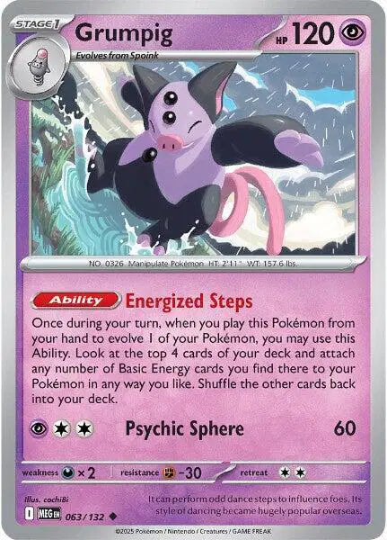 Pokémon trading card featuring Grumpig with detailed artwork and text.
