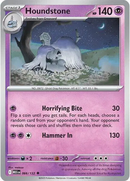 Pokémon trading card featuring Houndstone with a ghostly figure and moonlit landscape.