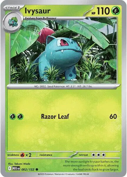 Pokémon trading card featuring Ivysaur with a green background and plant elements.
