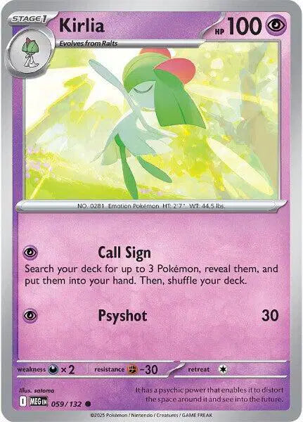 Pokémon trading card featuring Kirlia with a purple border and character illustration.