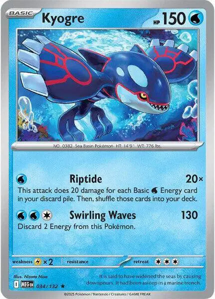 Pokémon trading card featuring Kyogre with blue and red design