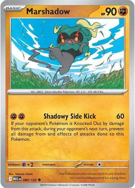 Pokémon trading card featuring Marshadow with a grass and sky background