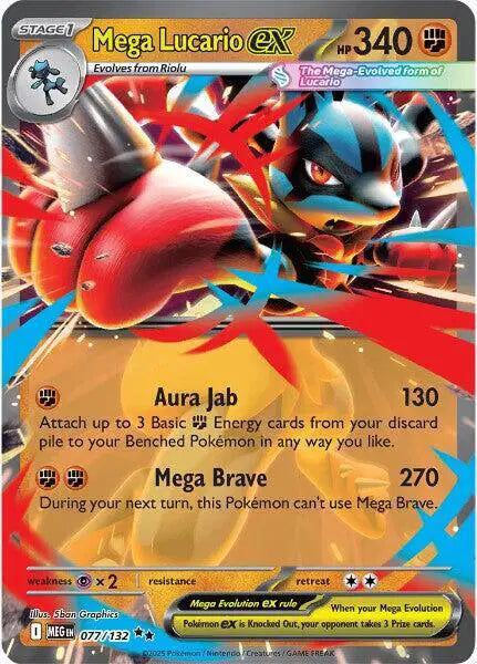Pokémon trading card featuring Mega Lucario EX with detailed artwork and text.