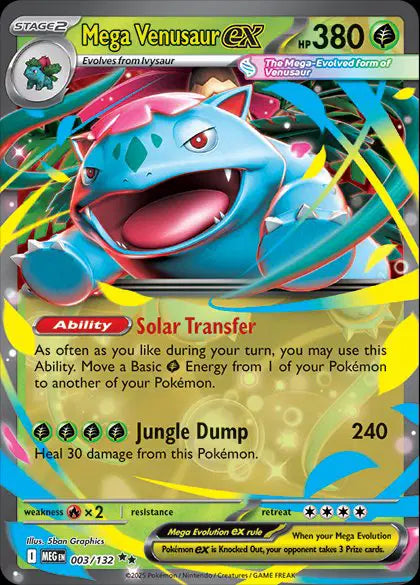 Pokémon trading card featuring Mega Venusaur EX with colorful design and text.