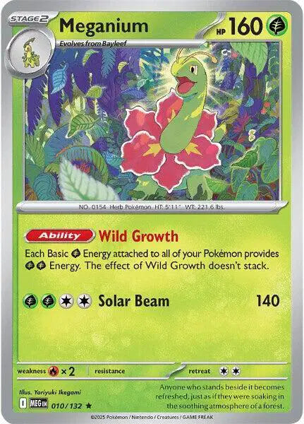 Pokémon trading card featuring Meganium with detailed artwork and text.