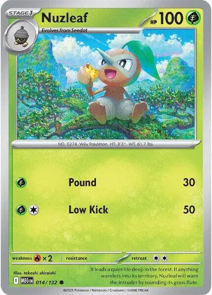 Pokémon trading card featuring Nuzleaf with a grassy landscape background