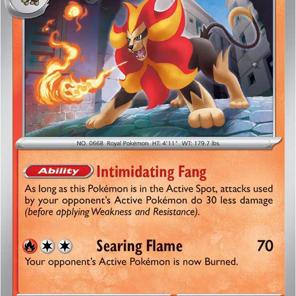 Pokémon trading card featuring Pyroar with fiery design and text details.