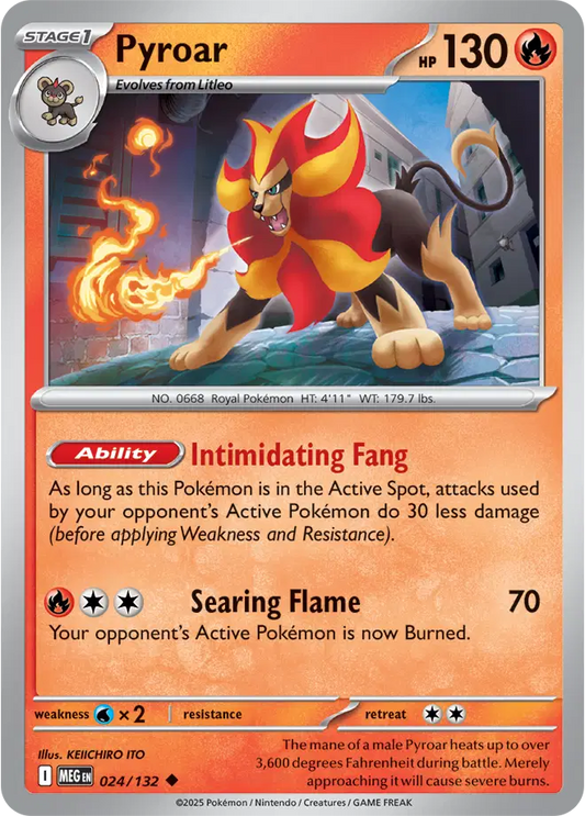 Pokémon trading card featuring Pyroar with fiery design and text details.