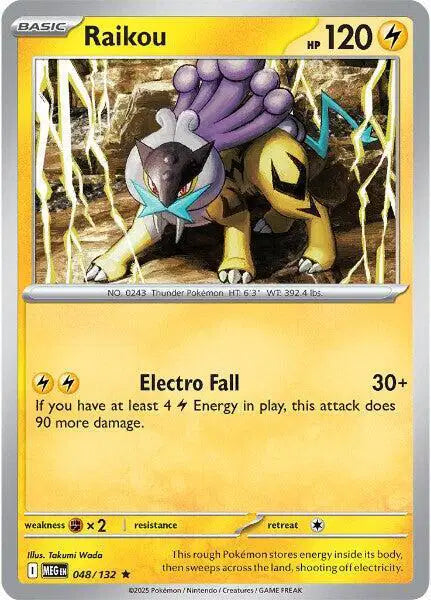 Pokémon trading card featuring Raikou with detailed artwork and text.