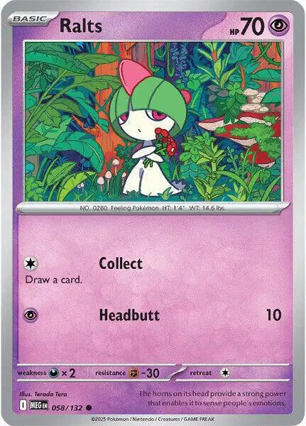 Pokémon trading card featuring Ralts with a purple border and green background