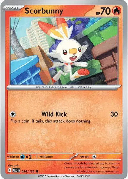 Pokémon trading card featuring Scorbunny with a colorful design and text.