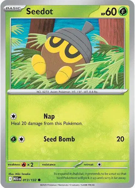 Seedot Pokémon trading card with green border and character illustration