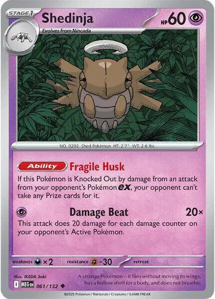 Pokémon trading card featuring Shedinja with detailed text and graphics.
