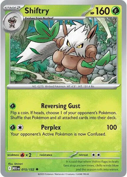 Pokémon trading card featuring Shiftry with green border and character illustration