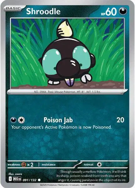Shroodle Pokémon trading card with grass background