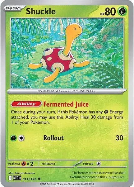 Pokémon trading card featuring Shuckle with green background