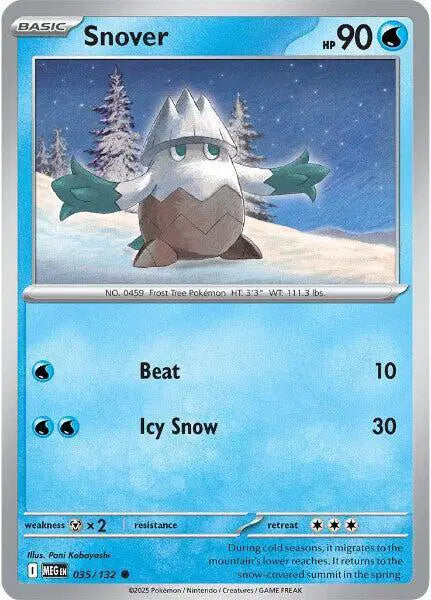 Pokémon trading card featuring Snover with a snowy landscape background