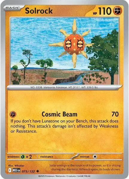 Pokémon trading card featuring Solrock with a sun-like creature and desert landscape.